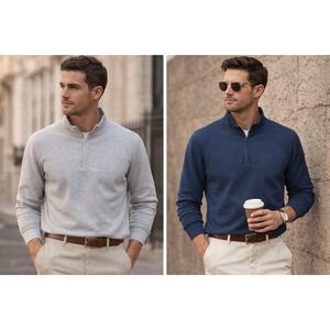 Stylus Quarter Zip Pullover Mens L Gray Blue Lot of 2 Minimalist Preppy Academia